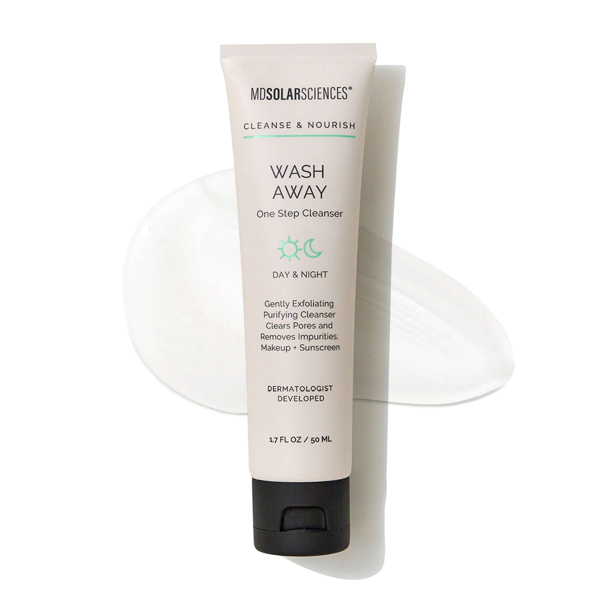 Wash Away One Step Facial Cleanser tube with exfoliating properties for removing makeup and impurities.