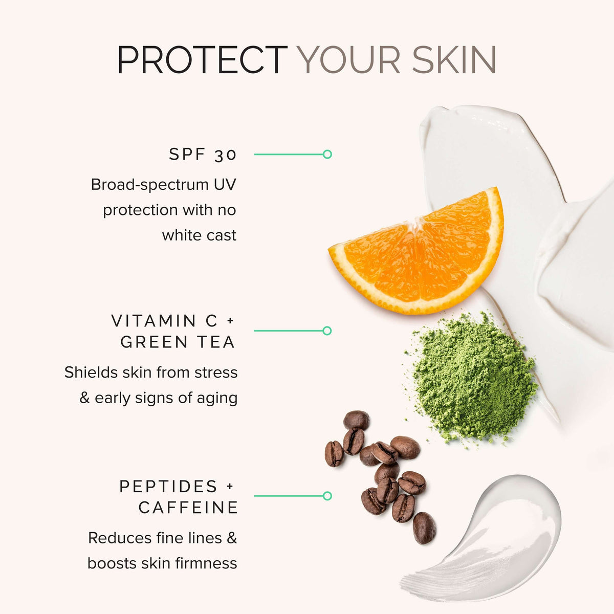 Daily perfecting moisturizer SPF 30 with vitamin C, green tea, peptides, and caffeine for skin protection and hydration.