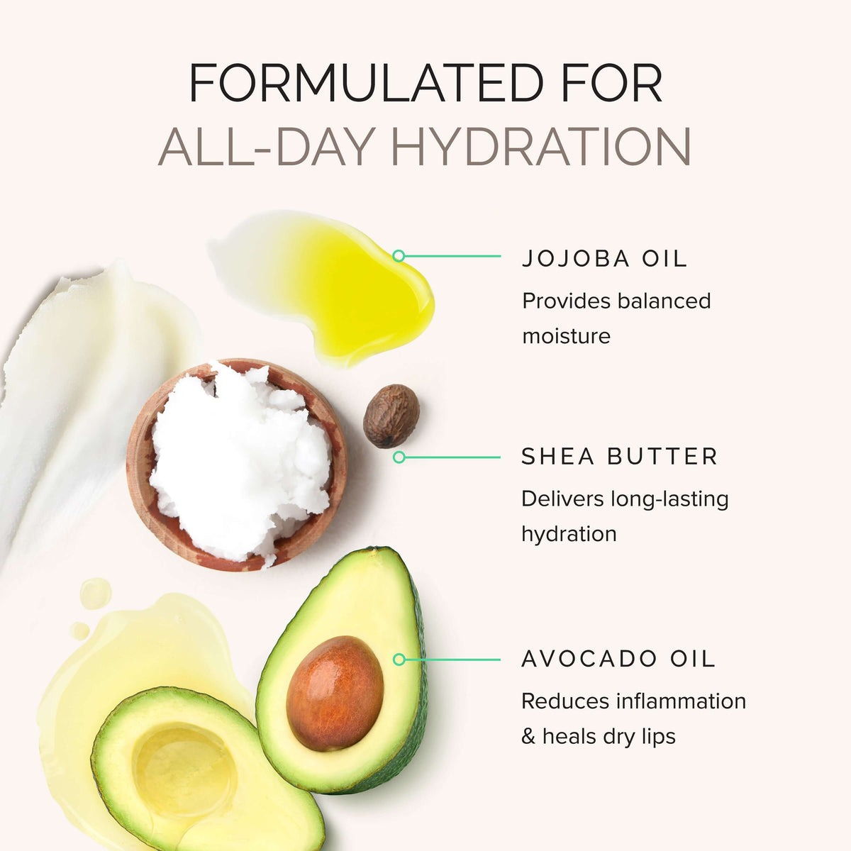 Hydrating Sheer Lip Balm SPF 30 ingredients: jojoba oil, shea butter, avocado oil for all-day hydration.