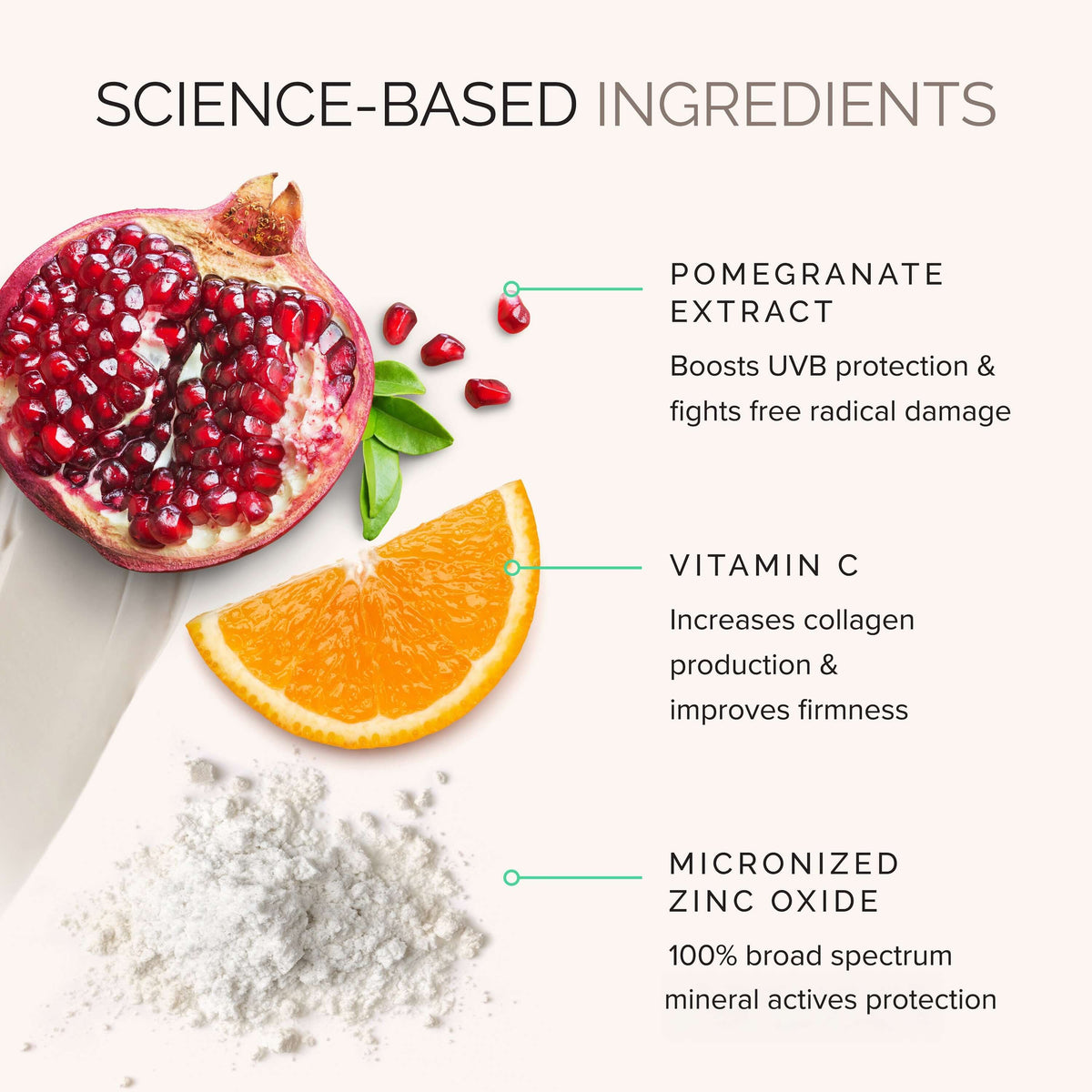 Science-based ingredients for Mineral Crème SPF 50 including pomegranate extract, vitamin C, and micronized zinc oxide.