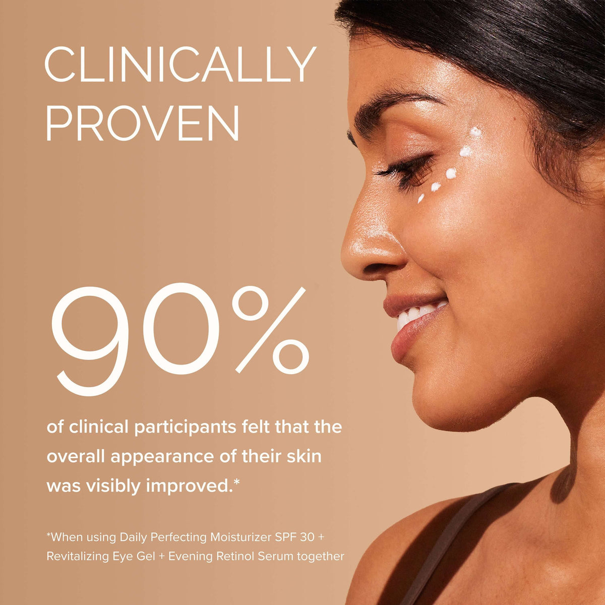 Close-up of a woman smiling with glowing skin, highlighting results from Daily Perfecting Moisturizer SPF 30.