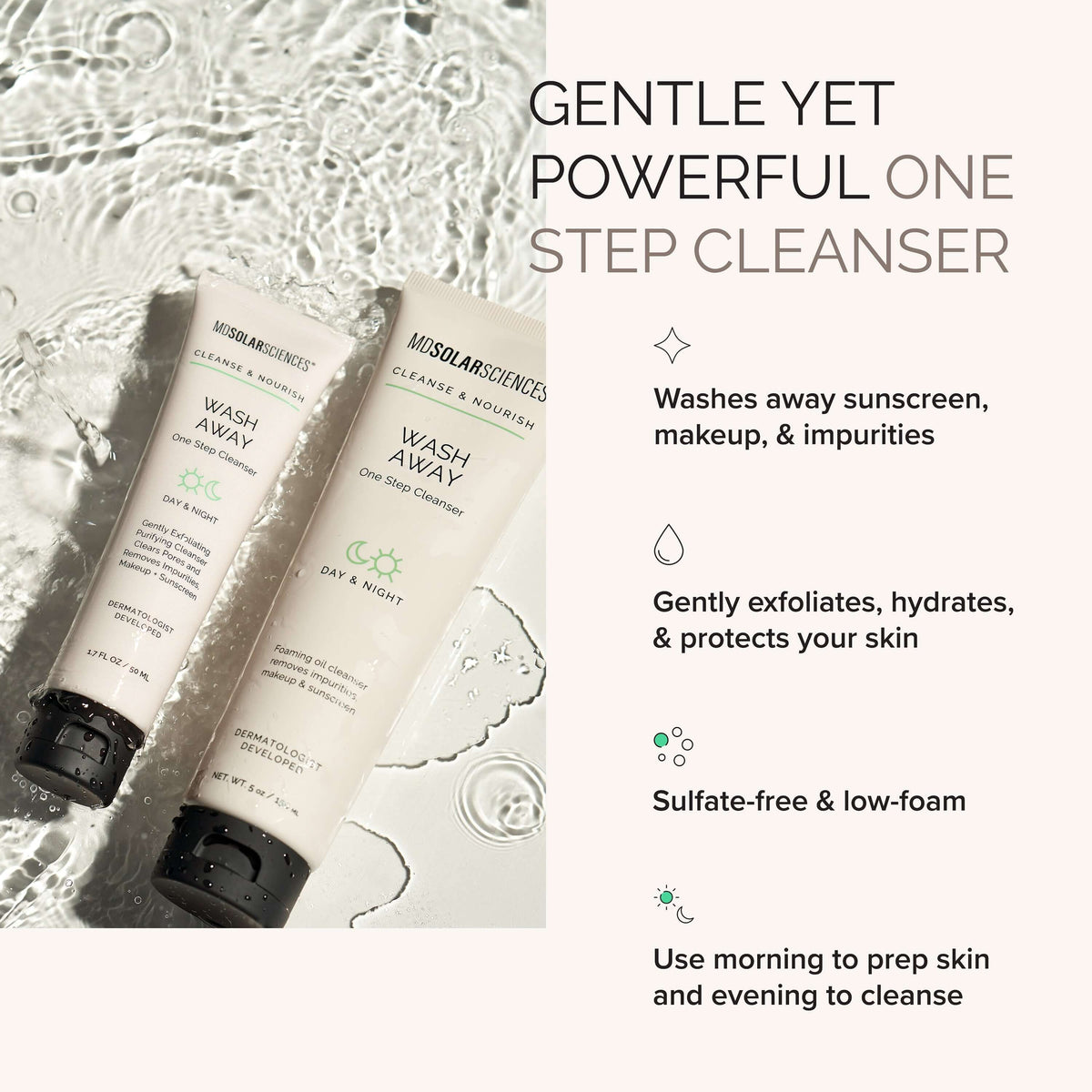 Wash Away One Step Facial Cleanser tubes on a textured background, ideal for washing away impurities and makeup.