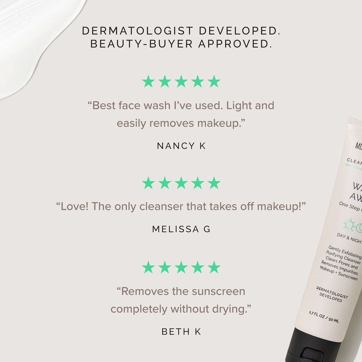 Customer testimonials for Wash Away One Step Facial Cleanser highlighting its effectiveness as a wash.
