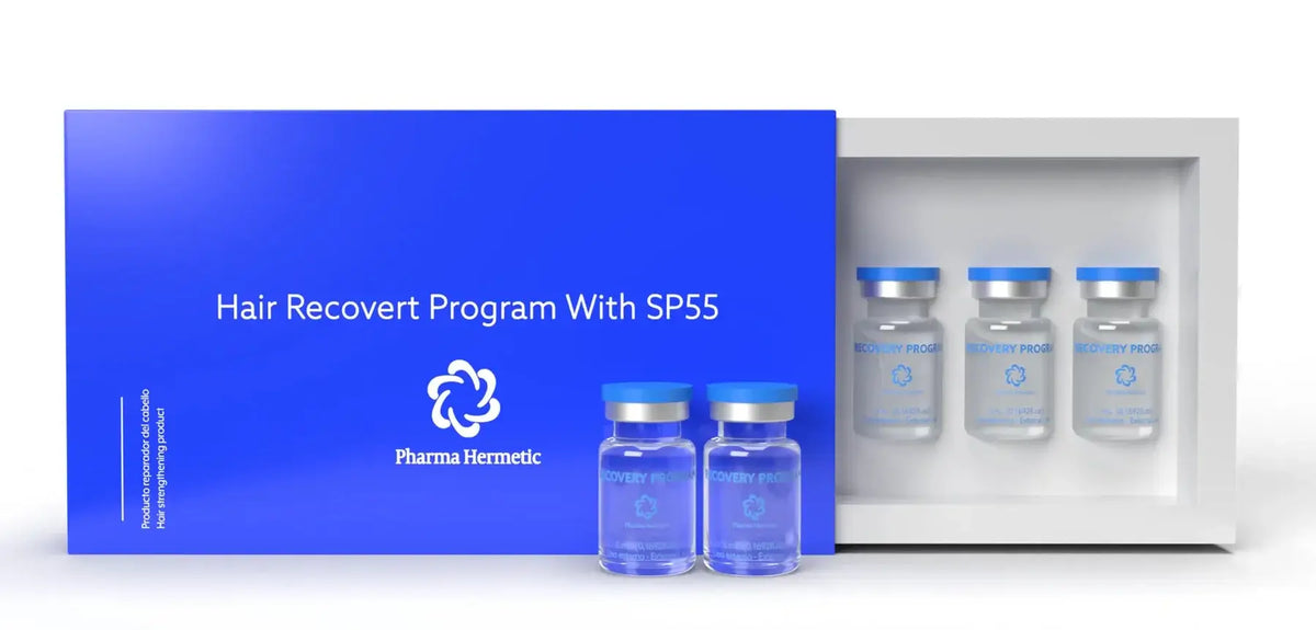 Pharma Hermetic Hair Recovery Program vials in a blue box for hair growth support.