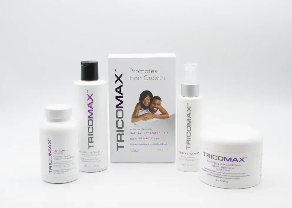 Complete Hair Management System for Textured Hair: Tricomax products promoting hair growth.