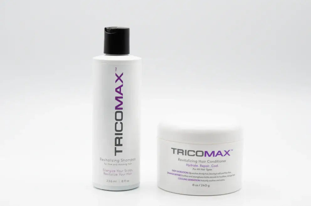 TricoMax revitalizing shampoo and conditioner for healthy hair, featuring advanced hydration benefits.