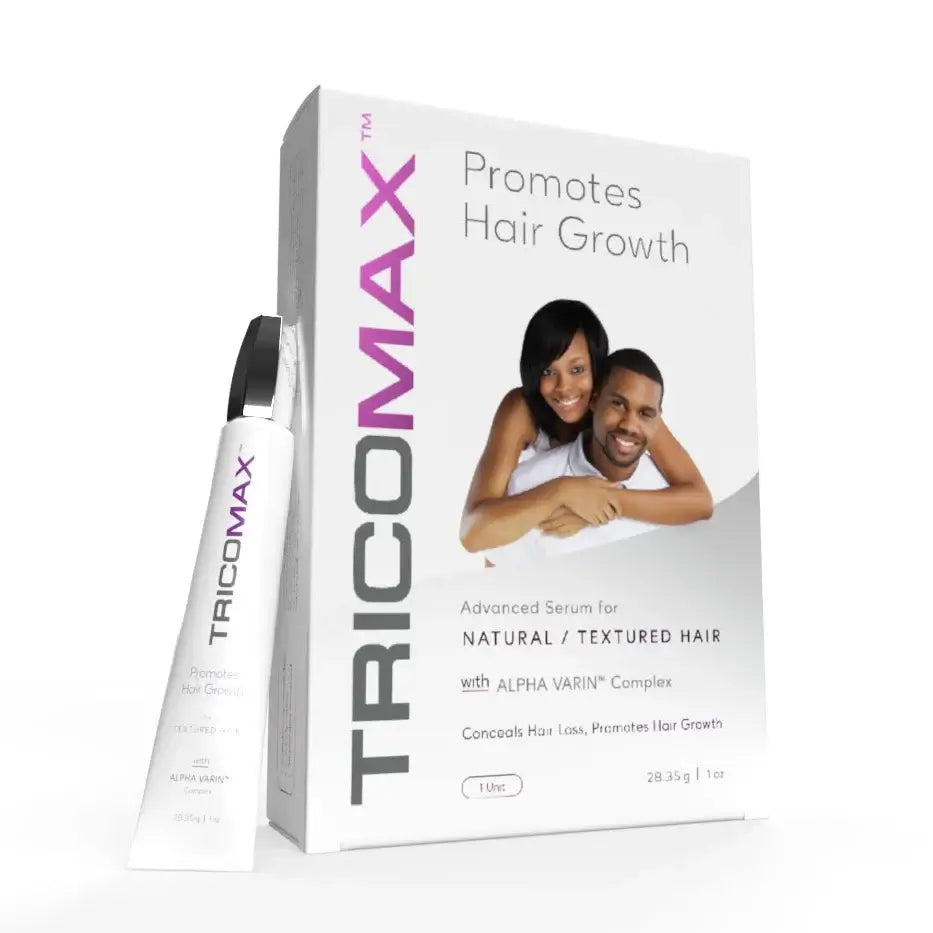 TricoMax Hair Maximizer product box and serum tube promoting hair growth for natural textured hair.