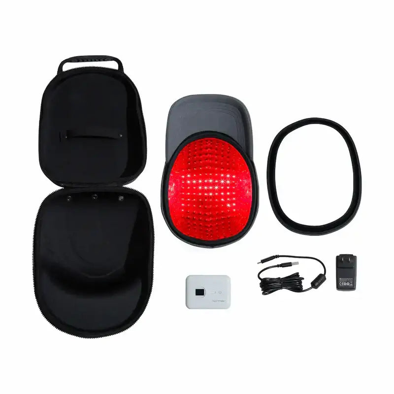 hair growth laser cap 272 PowerFlex Growth Cap components, including cap, charger, and storage case.