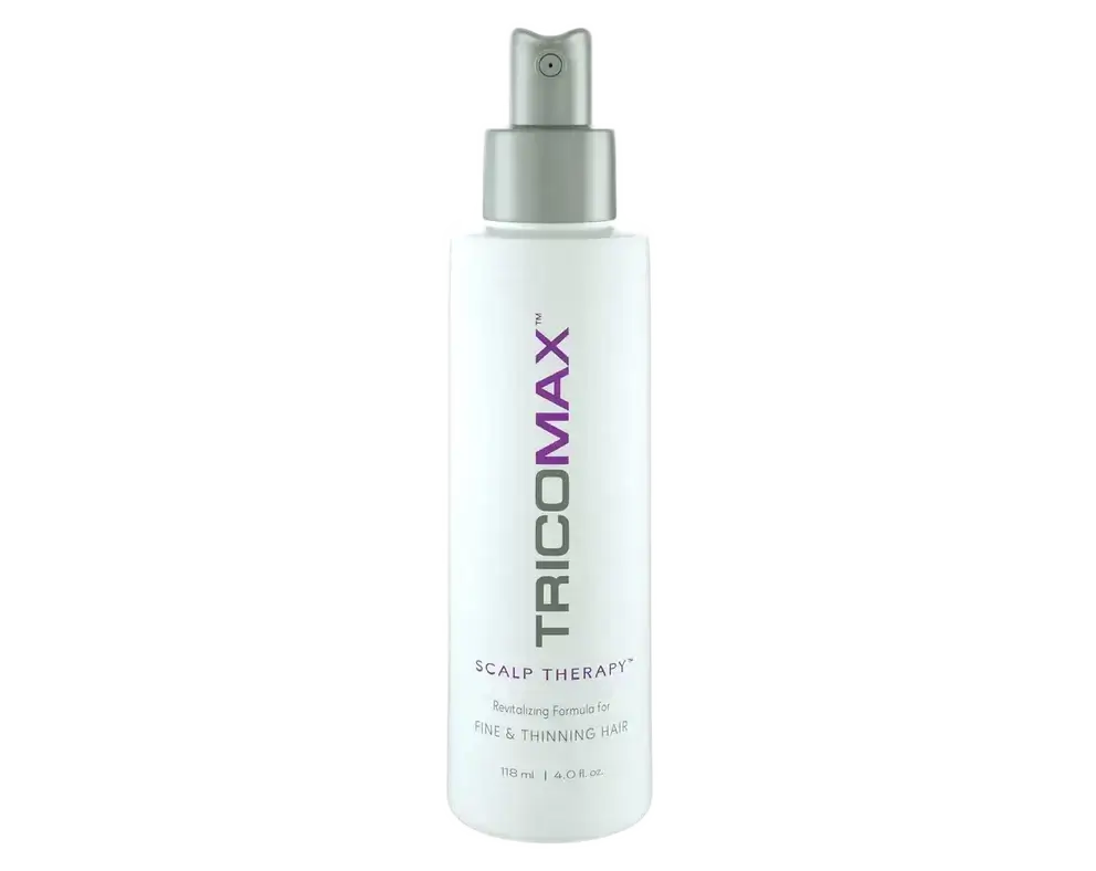 TricoMax™ SCALP THERAPY revitalizing formula for fine and thinning hair in a spray bottle.