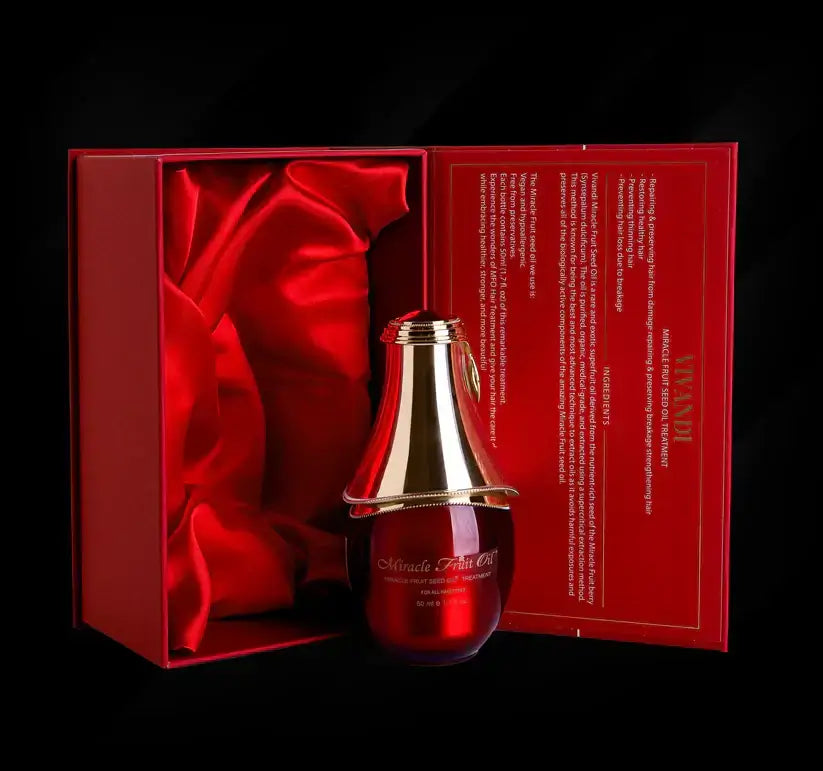 Vivandi Miracle Fruit Oil 30ml bottle displayed in elegant red packaging with silk lining.