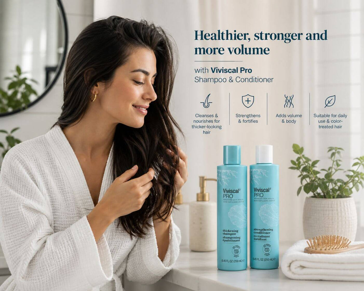 Woman using Viviscal Pro thickening conditioner in a bathroom, promoting healthier, stronger, and more voluminous hair.