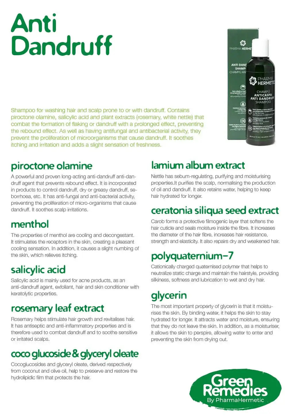 P.H. Anti-Dandruff Shampoo with key ingredients like piroctone olamine and salicylic acid for dandruff control.