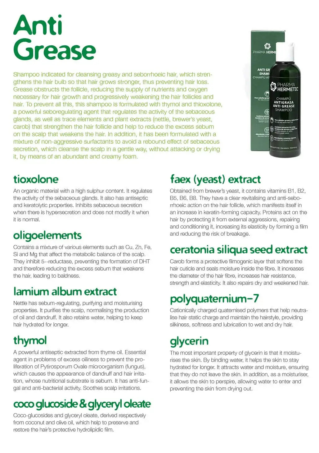 P.H. Anti-Grease Shampoo product details and ingredients for combating greasy hair.
