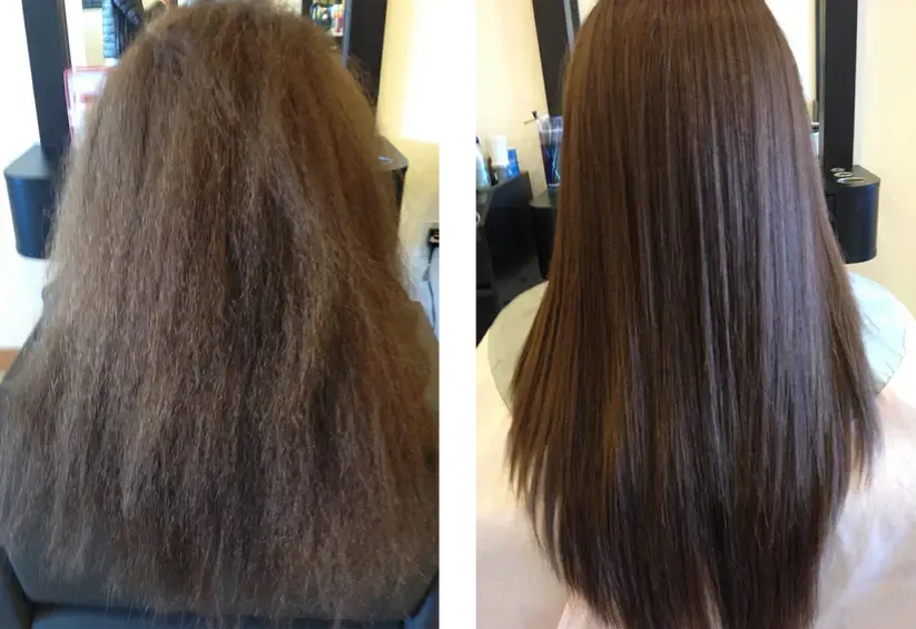 Before and after results showing smooth hair transformation with Vivandi Miracle Fruit Oil treatment.