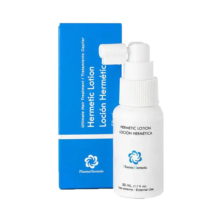 Pharma Hermetic Hair growth lotion bottle and box designed for improved hair density and vitality.