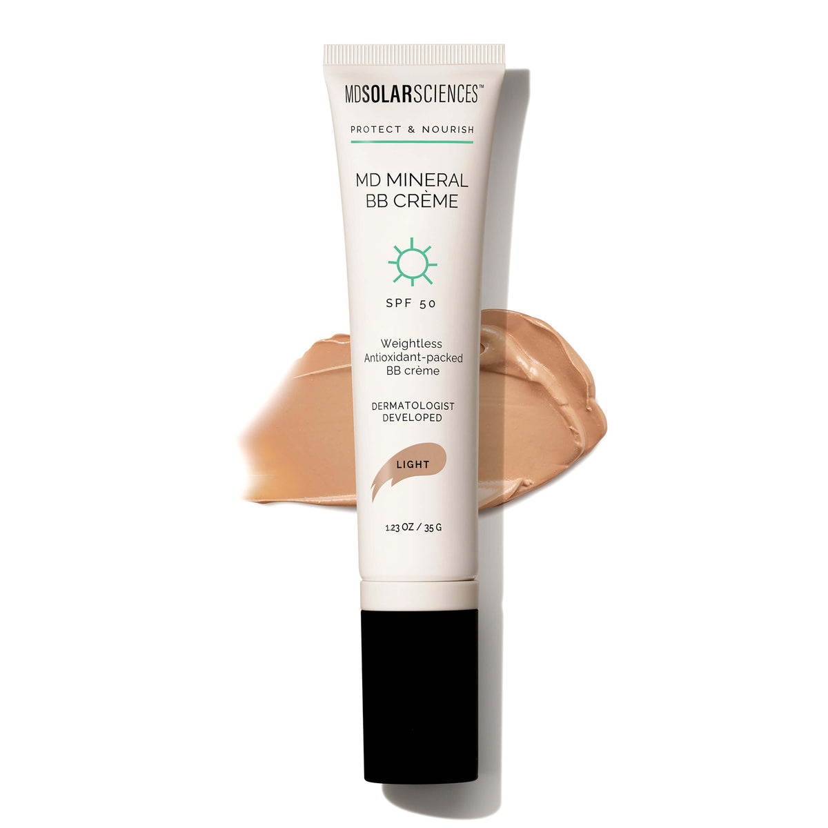 MD Mineral BB Crème Light SPF 50 tube with swatch on the side, showcasing its lightweight and hydrating formula.