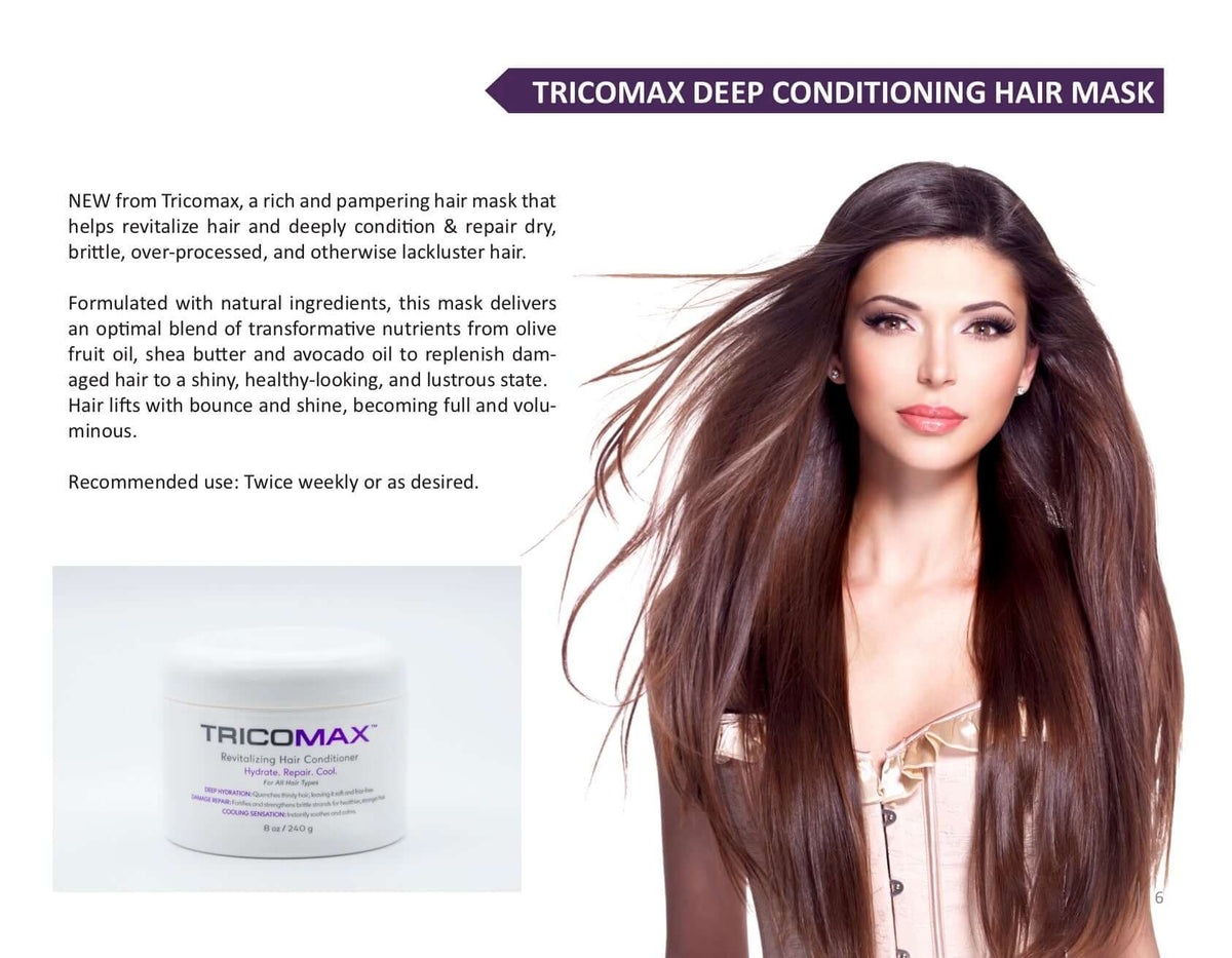 TricoMax Deep Conditioning Hair Mask with model showcasing shiny hair and product jar for revitalizing hair treatment.