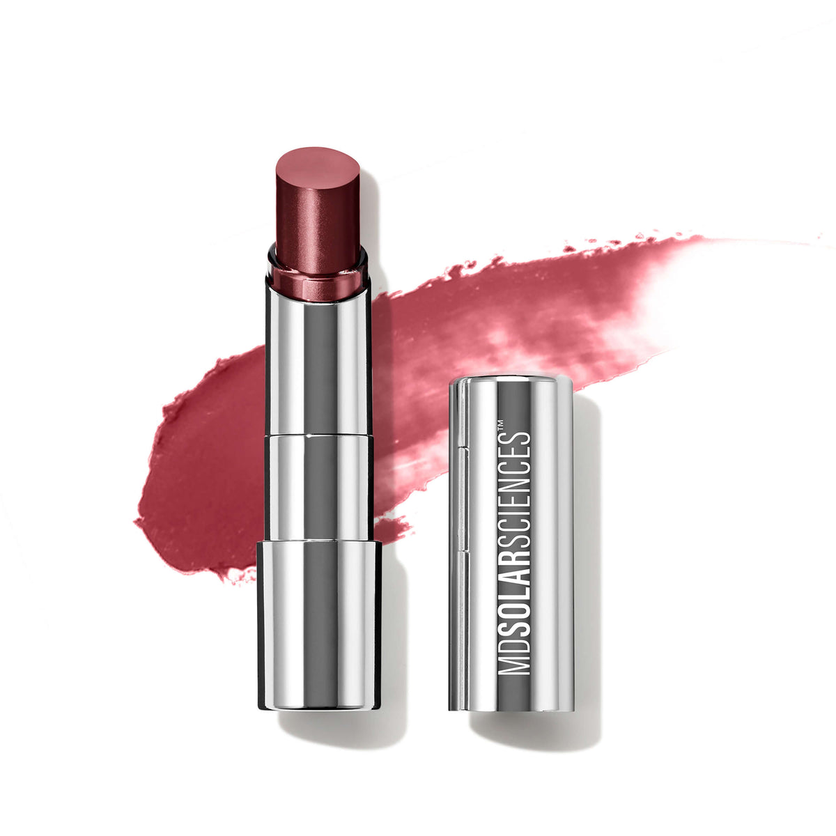 Hydrating Sheer Lip Balm SPF 30 Spice in a sleek silver tube with a rich burgundy tint and a swatch of color.