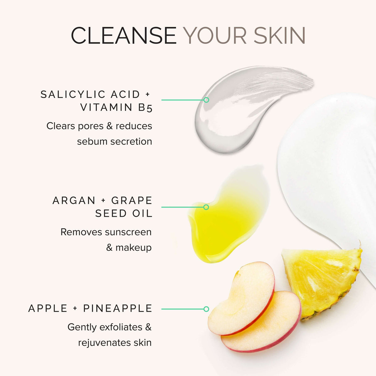 Wash Away One Step Facial Cleanser ingredients: salicylic acid, argan oil, apple for effective wash and skin rejuvenation.
