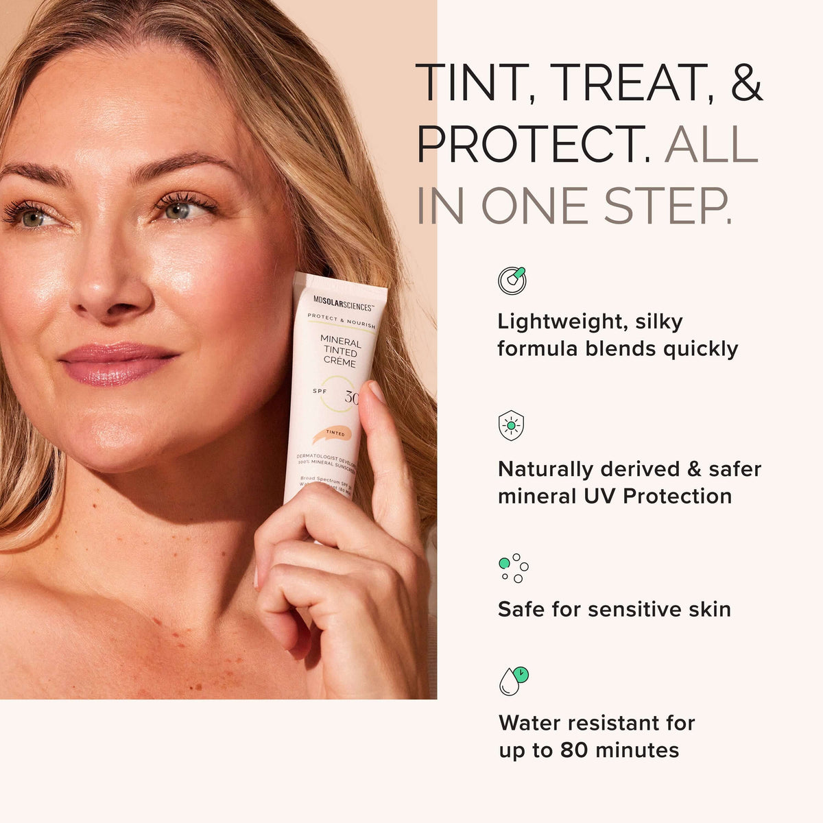 Woman holding Mineral Tinted Crème SPF 30, showcasing its lightweight formula and mineral UV protection.