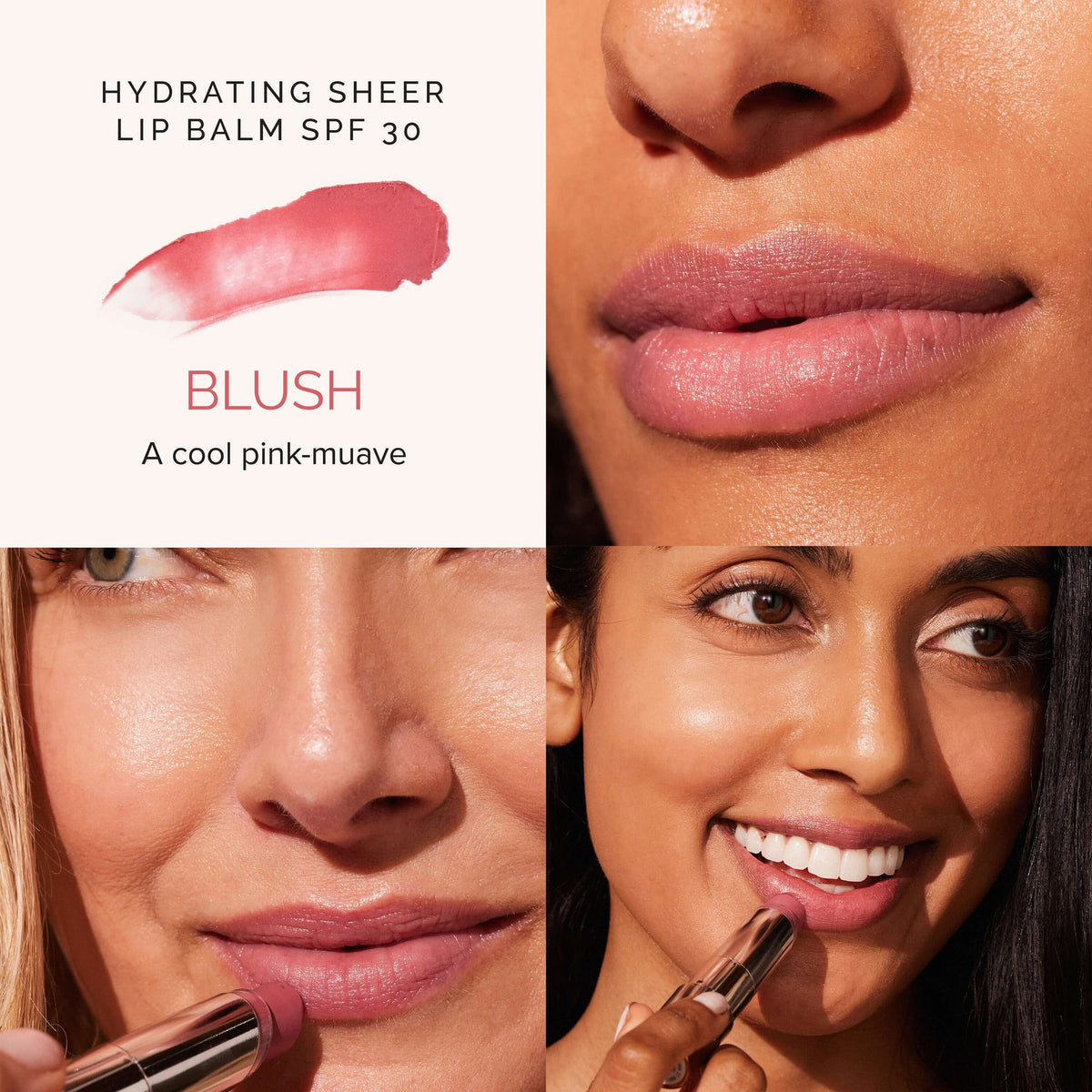Hydrating sheer lip balm SPF 30 in Blush shade, showcasing a cool pink-mauve tint for nourished lips with sun protection.