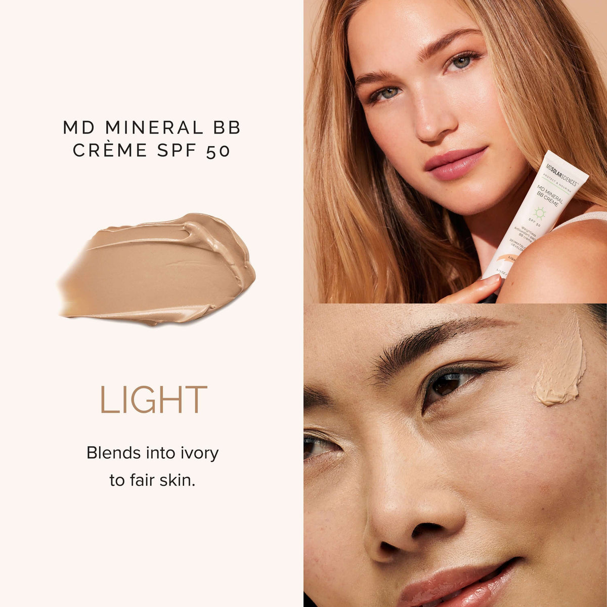 MD Mineral BB Crème Light SPF 50, showcasing light shade blending into fair skin tones.