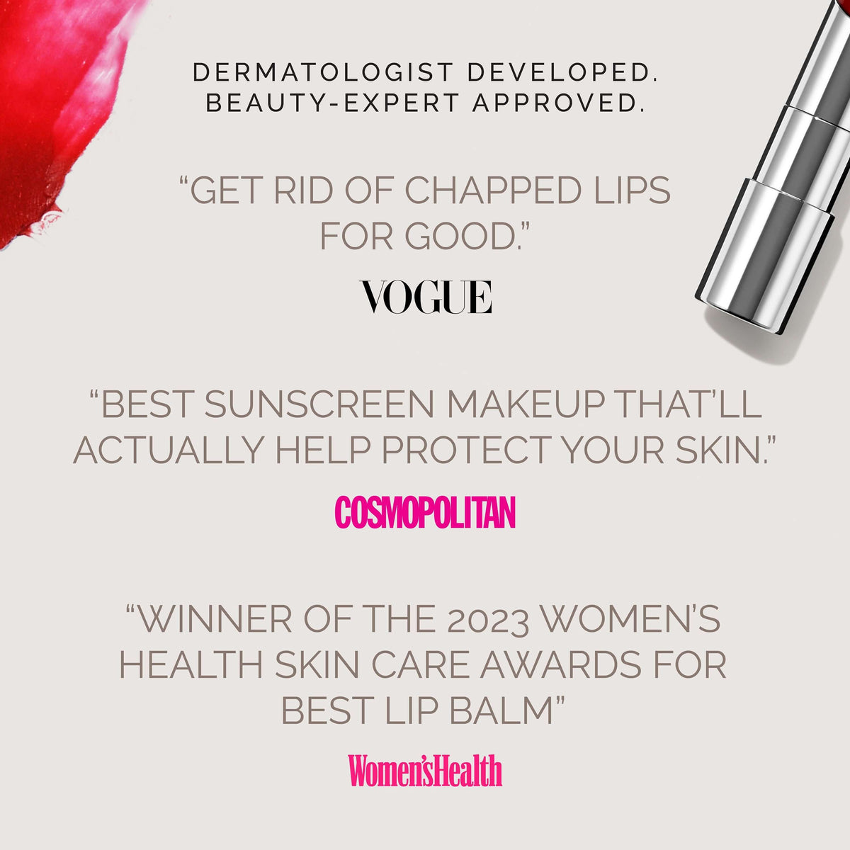 Hydrating sheer lip balm SPF 30 in Blush, dermatologist developed, with quotes from Vogue, Cosmopolitan, and Women's Health.