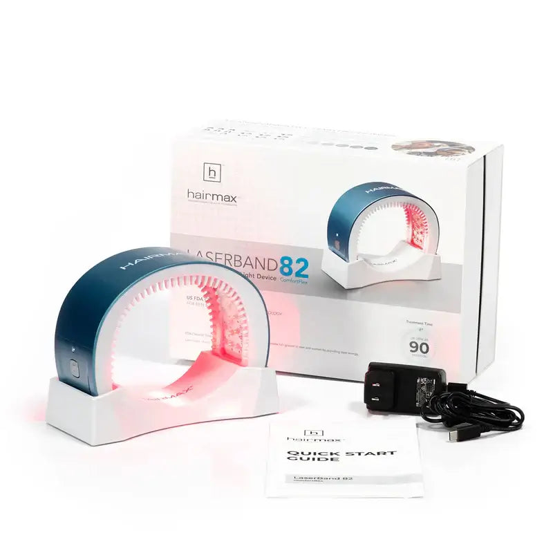 LaserBand 82 hair growth device with packaging and accessories, designed for hair health and density.