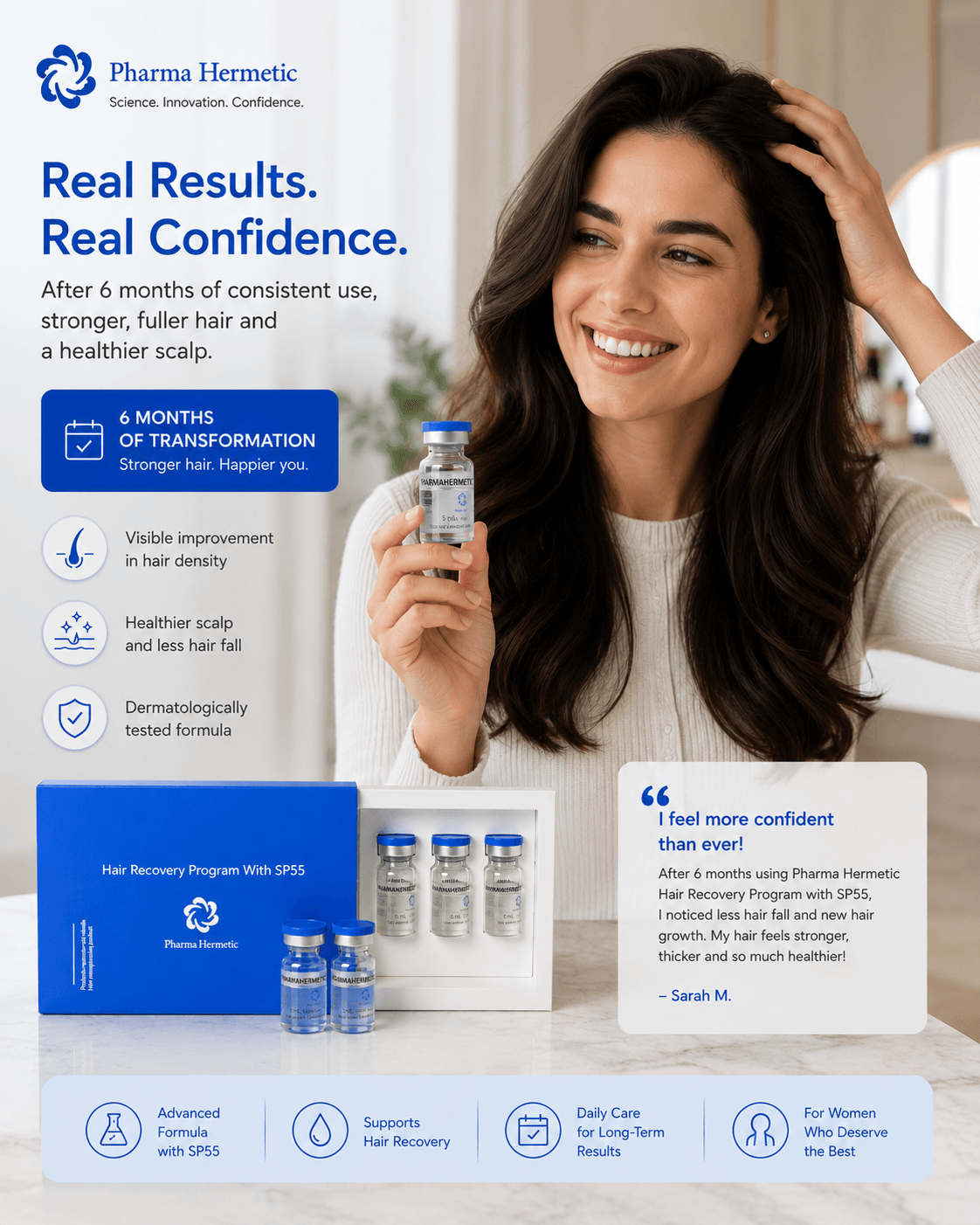 Pharma Hermetic Hair Recovery Program vials for stronger, fuller hair and healthier scalp after 6 months of use.