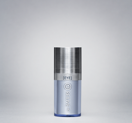 Rejuve MD EYE Advanced Eye Treatment bottle on a grey background.