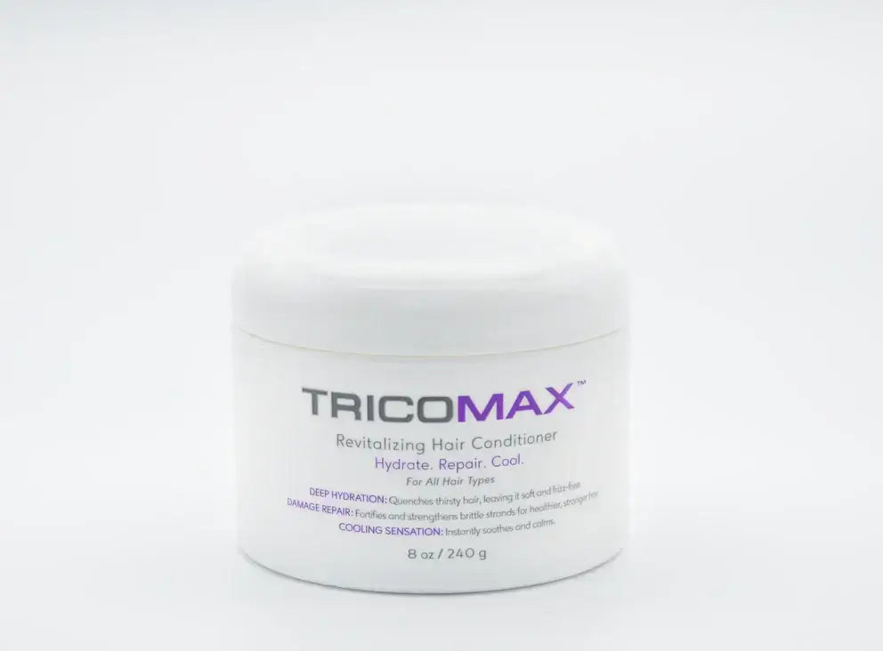 TricoMax™ Revitalizing Conditioner jar for all hair types, hydrating and repairing formula, 8 oz size.