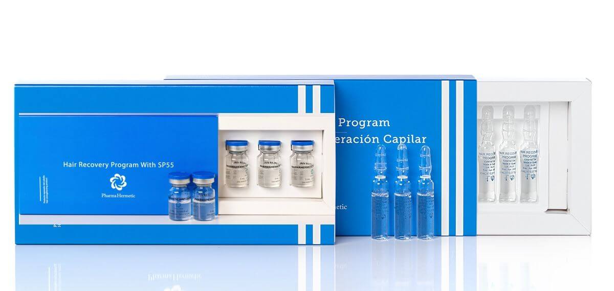 Pharma Hermetic Hair Recovery Program with SPSS ampoules in a blue packaging for professional hair treatment.