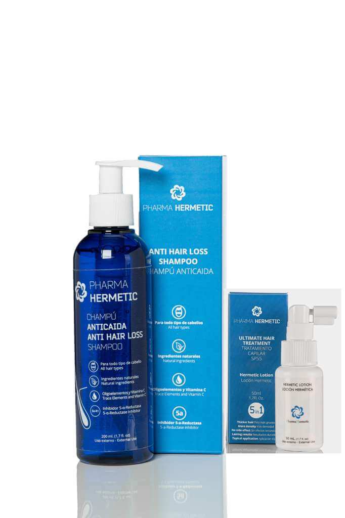 Pharma Hermetic Anti Hair Loss Shampoo Blue line bottle and packaging for healthier scalp and hair growth support.