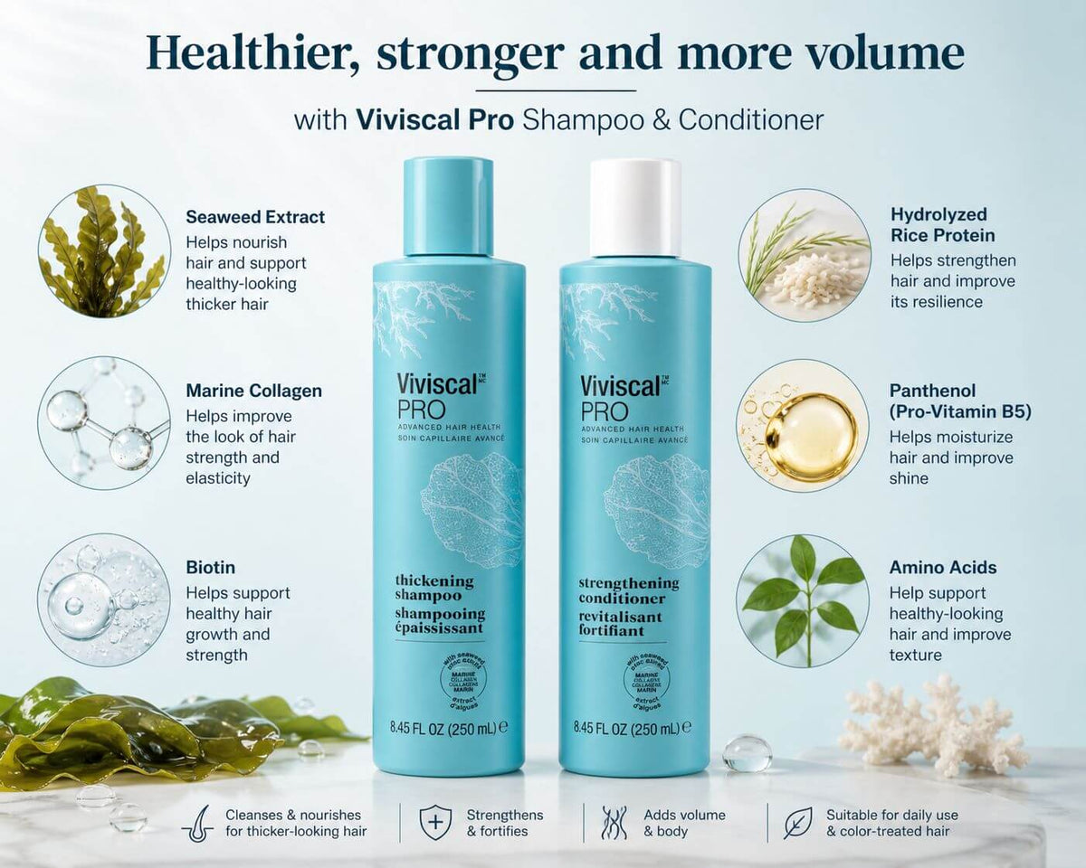 Viviscal Pro thickening conditioner promotes healthier, stronger hair with nourishing ingredients for volume and thickness.