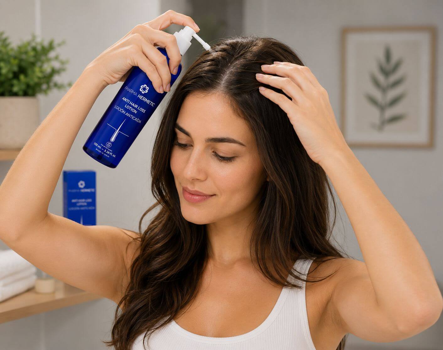 Woman using Pharma Hermetic Anti Hair Loss Shampoo Blue Line to support healthier scalp and hair growth.