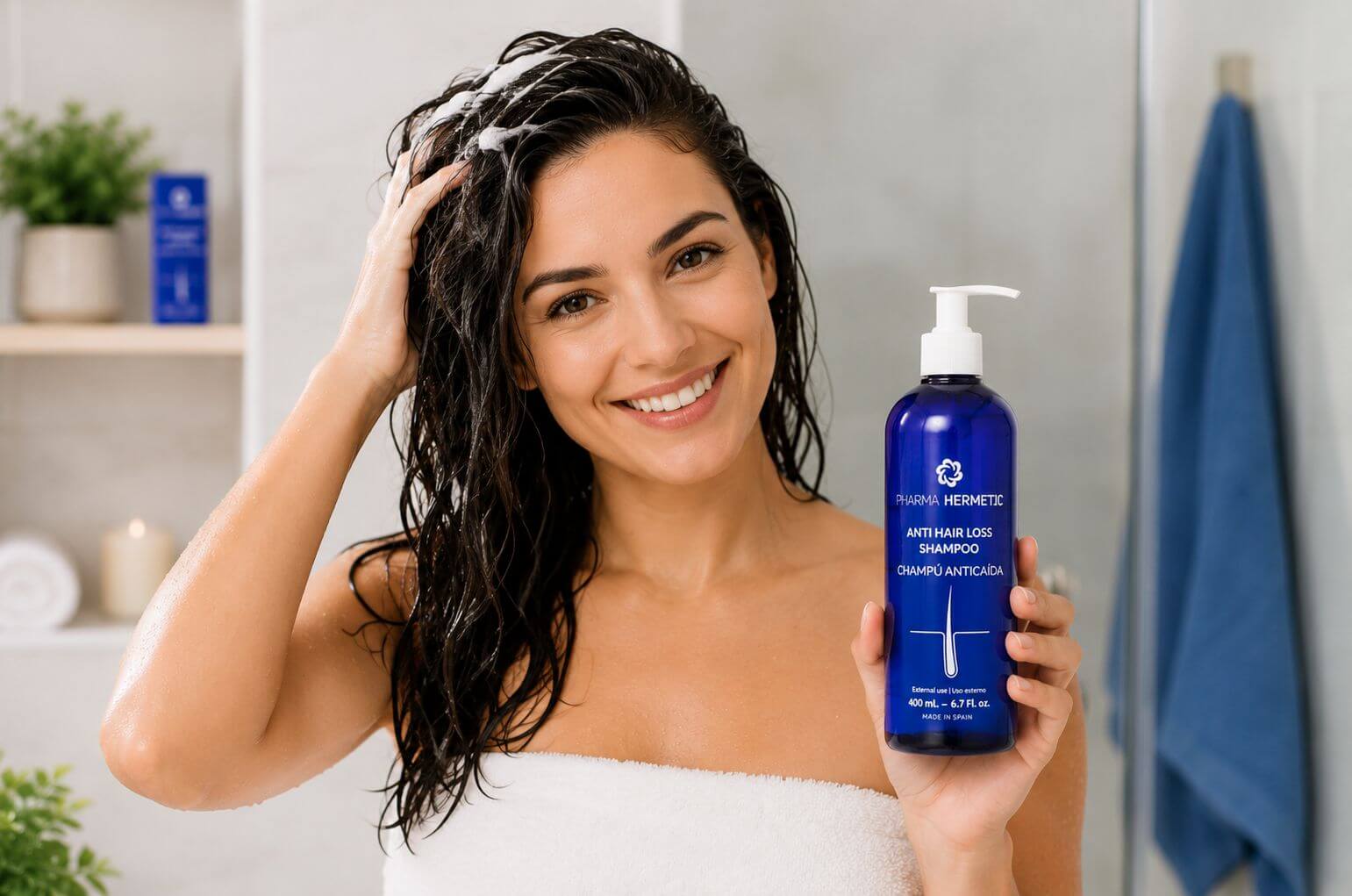 Woman holding Pharma Hermetic Anti Hair Loss Shampoo Blue Line in bathroom, showcasing healthy hair care.
