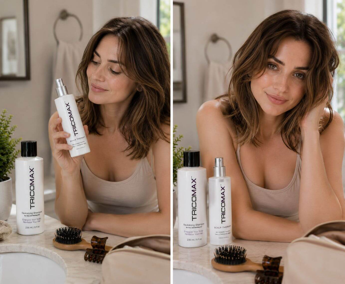 Clean Hair & Scalp Therapy System displayed with TricoMax products, promoting healthy hair and scalp.