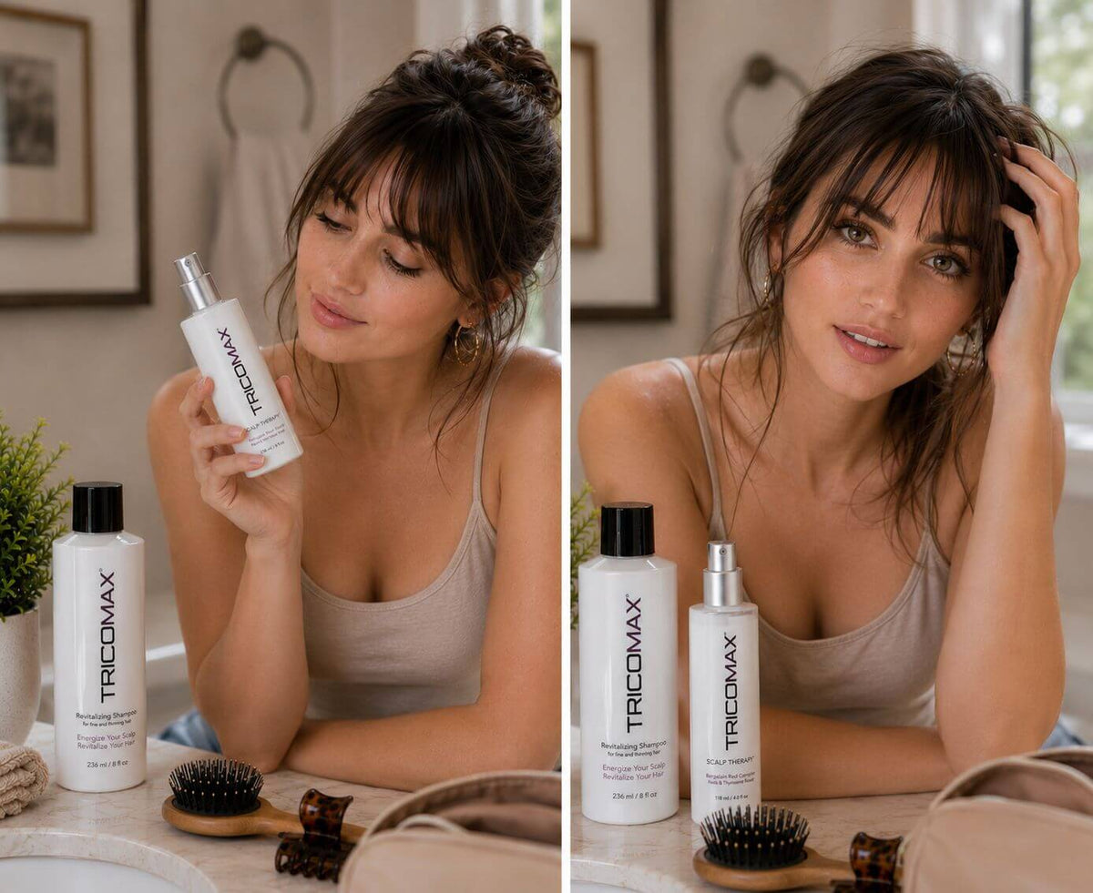 TricoMax Hair Maximizer tinted version held by a model, showcasing hair and scalp support products on a vanity.